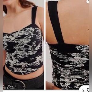 Free People Two Tone Ruched Floral Tank Top Picot Trim Black Combo